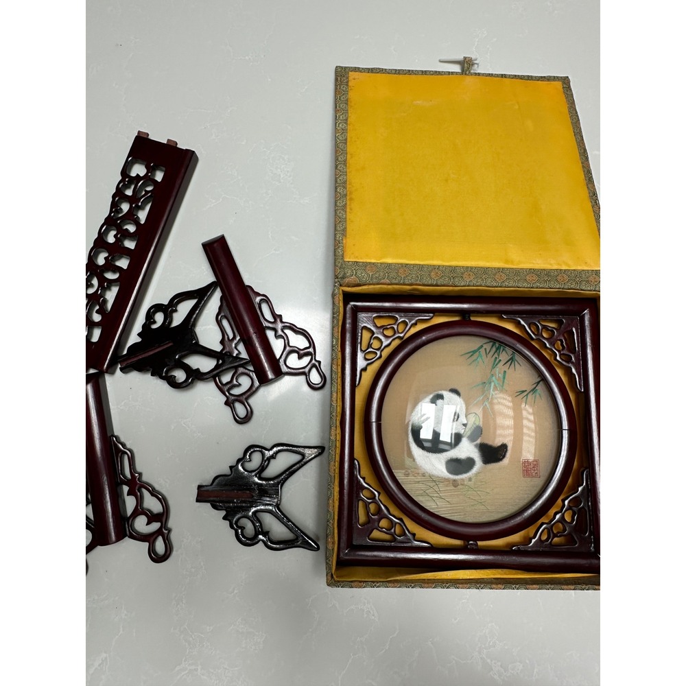Vintage‎ Chinese Double Sided Silk Embroidery Panda Rotating Table Screen Boxed